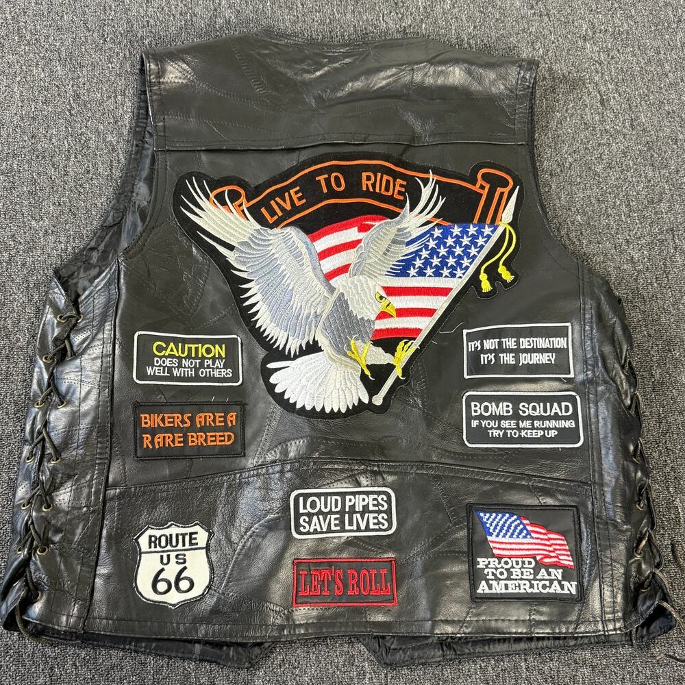 Vintage Y2k Genuine Buffalo Leather Biker Ride Motorcycle Patchwork Vest Large